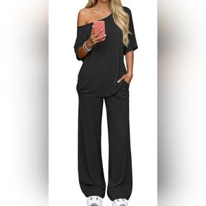 Black 2-Piece Lounge Set XL | Off Shoulder Top & Wide Leg Pants Travel Outfit